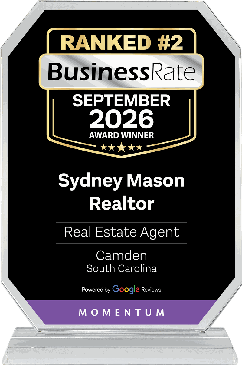 Crystal trophy reading: Ranked #2, BusinessRate September 2026 Award Winner, Sydney Mason Realtor, Real Estate Agent, Camden, South Carolina, Momentum, Powered by Google Reviews